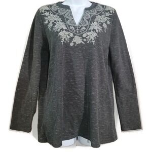 J Jill Embroidered Knit Tunic Top Sz XS Gray Split Neck Boho Neutral Long Slv